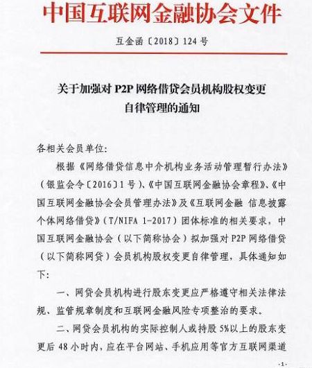 中国互金协会:P2P..实控人变更应2天内披露 视情况重审会员资格