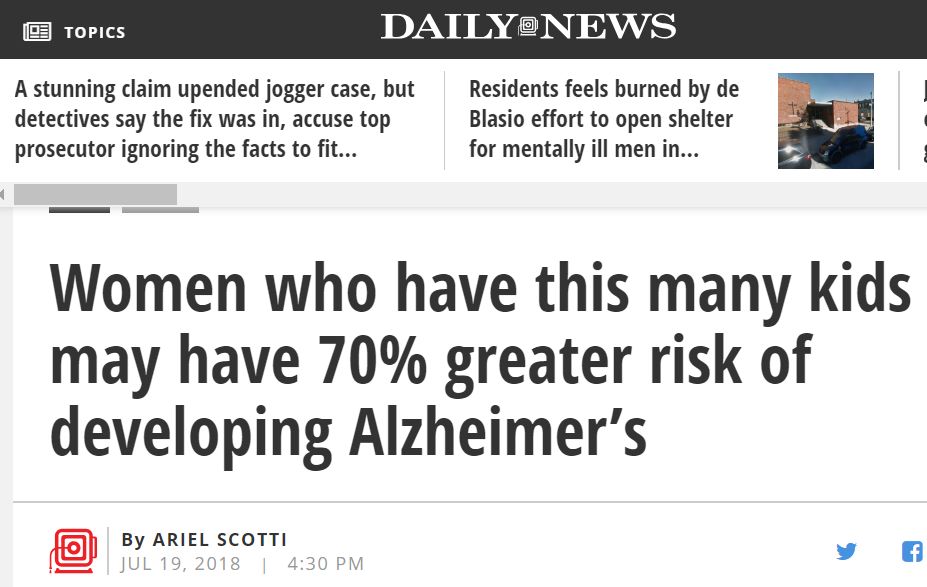 生孩子多的女性患阿尔茨海默病的风险会增加70%