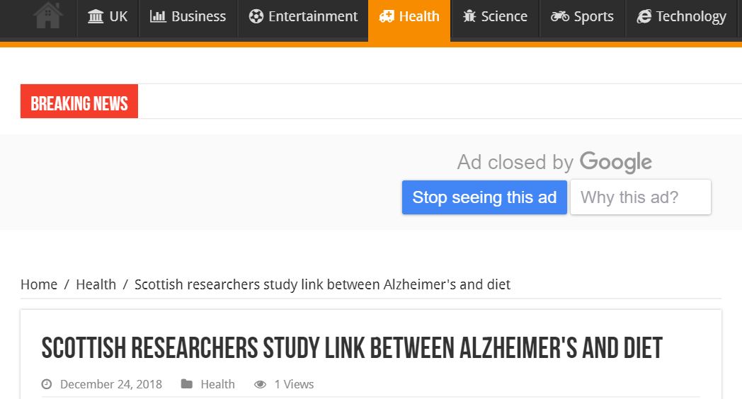 苏格兰研究人员研究阿尔茨海默病与饮食的关系